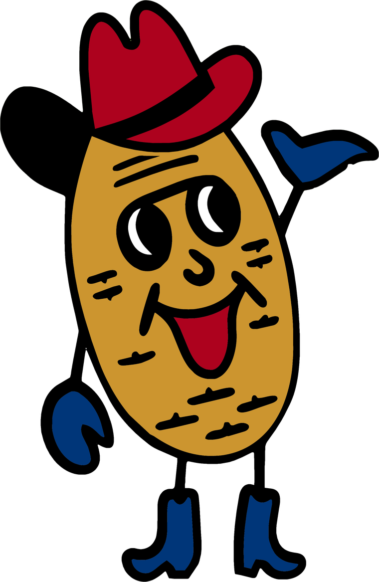 Wally, the Driscoll potato mascot in a red cowboy hat and blue boots, waving
